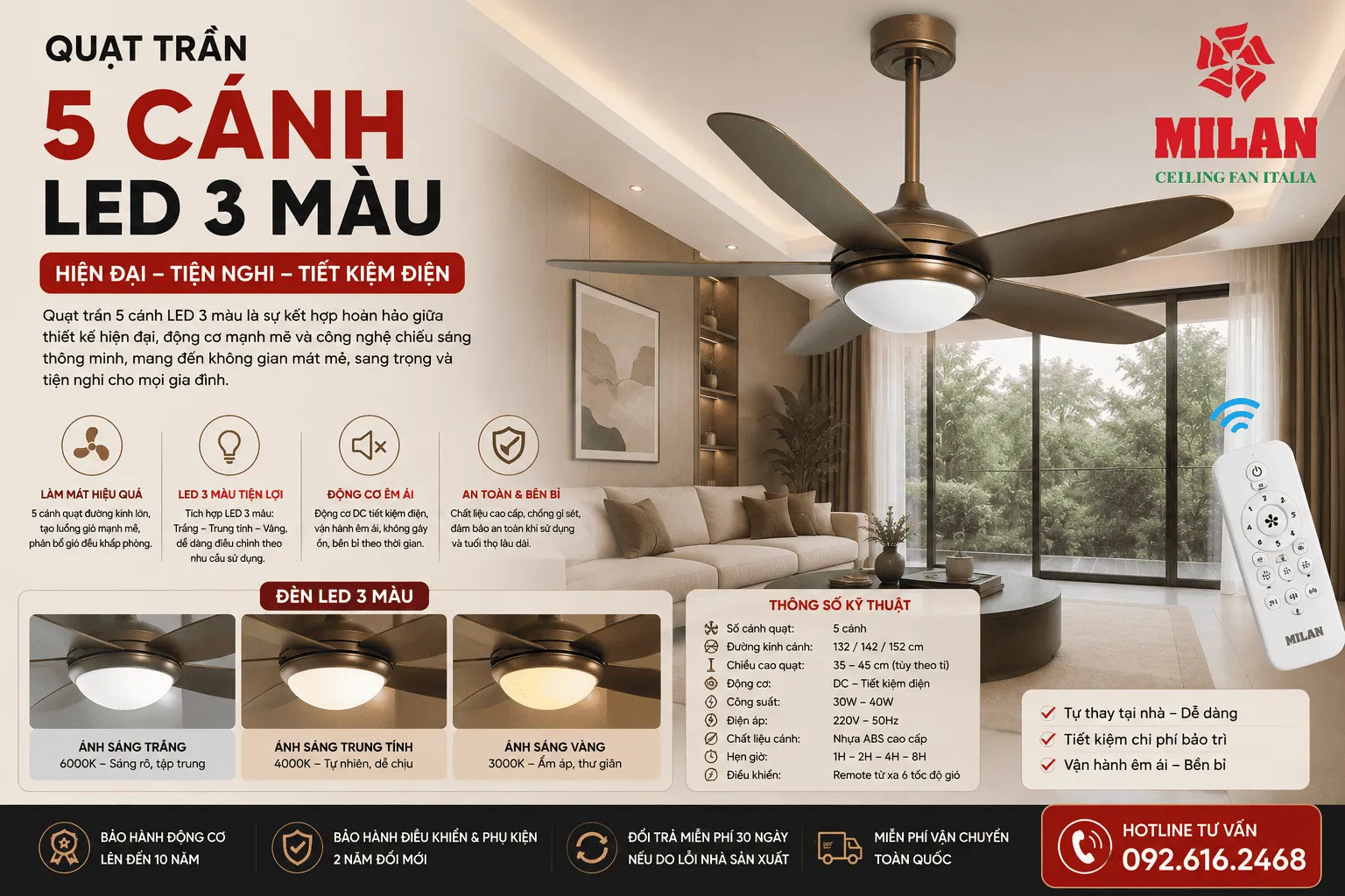 quạt trần 5 cánh có đèn led 3 màu